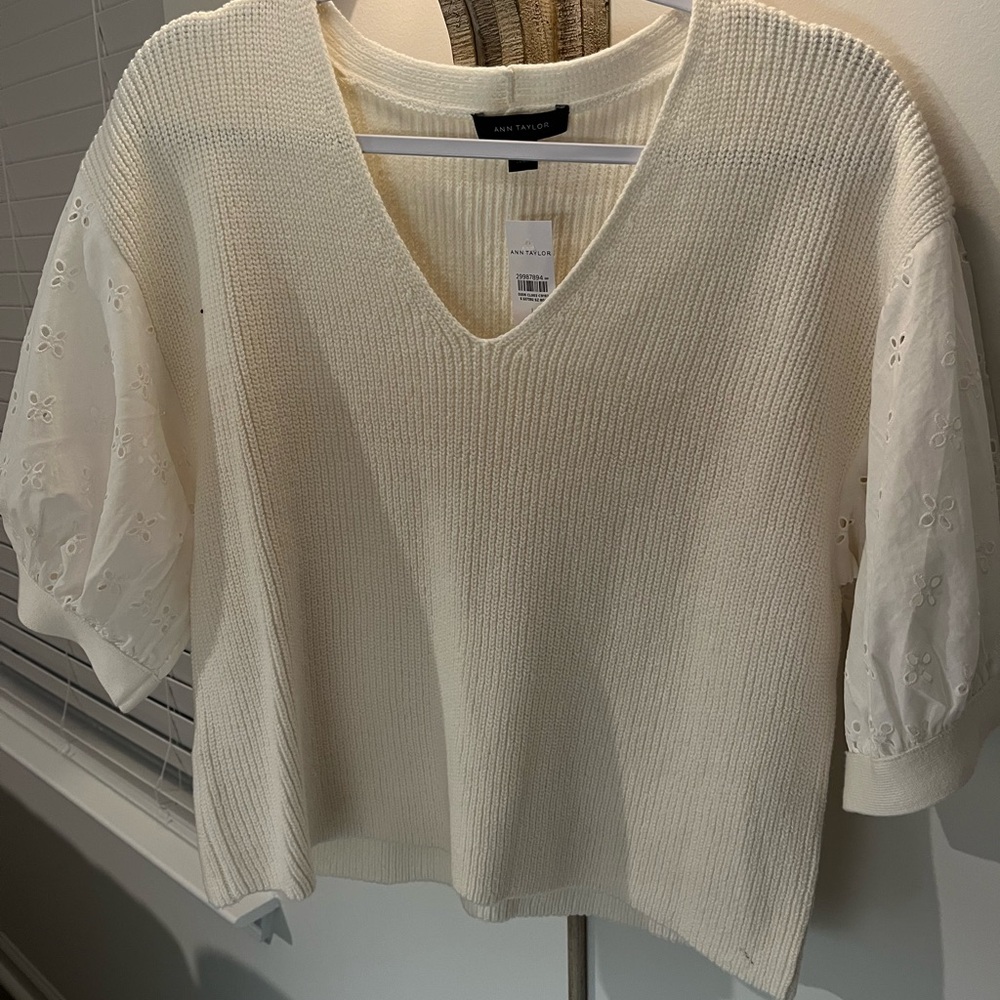 Ivory V-Neck Knit Top with Eyelet Sleeves